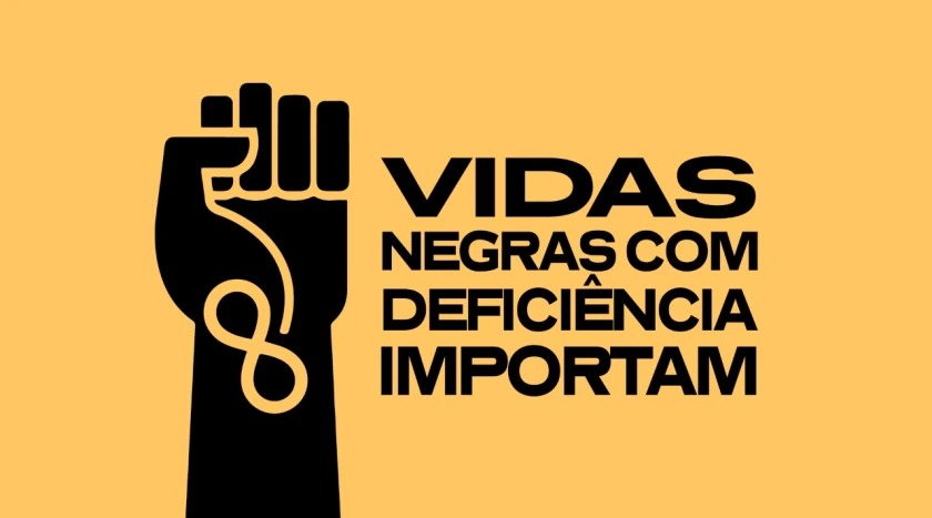 Logo do VNDI, onde se observa um punho cerrado preto, com o simbolo do infinito representando a neurodiversidade e os dizeres "vidas negras com deficiência Importam"